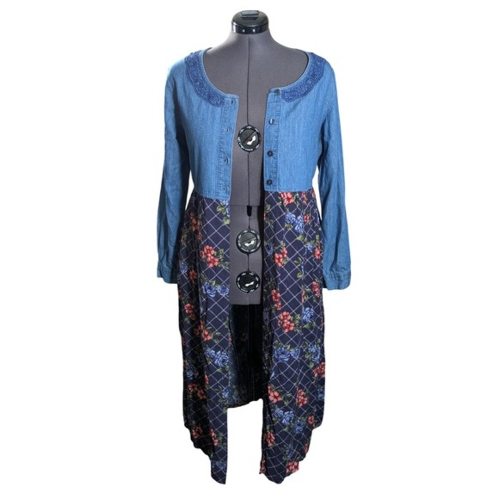 Vintage 90s Cottagecore Maxi Dress XL Denim Floral Plaid Button Up Lace Applique - Picture 3 of 8
